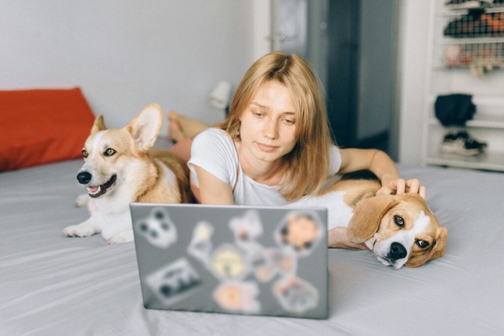 https://www.pexels.com/photo/a-woman-petting-her-dogs-while-working-5122172/